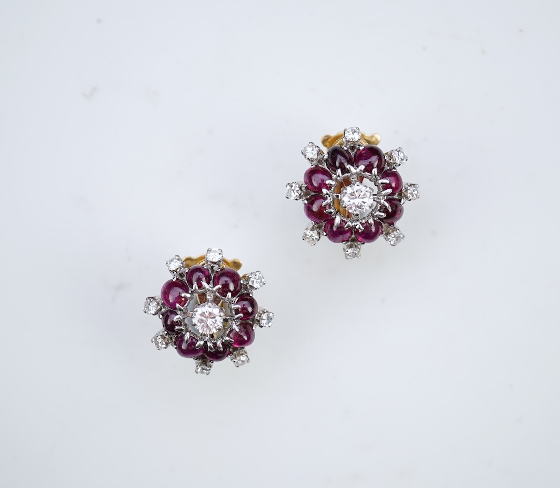 A pair of ruby and diamond ear clips, mid 20th century